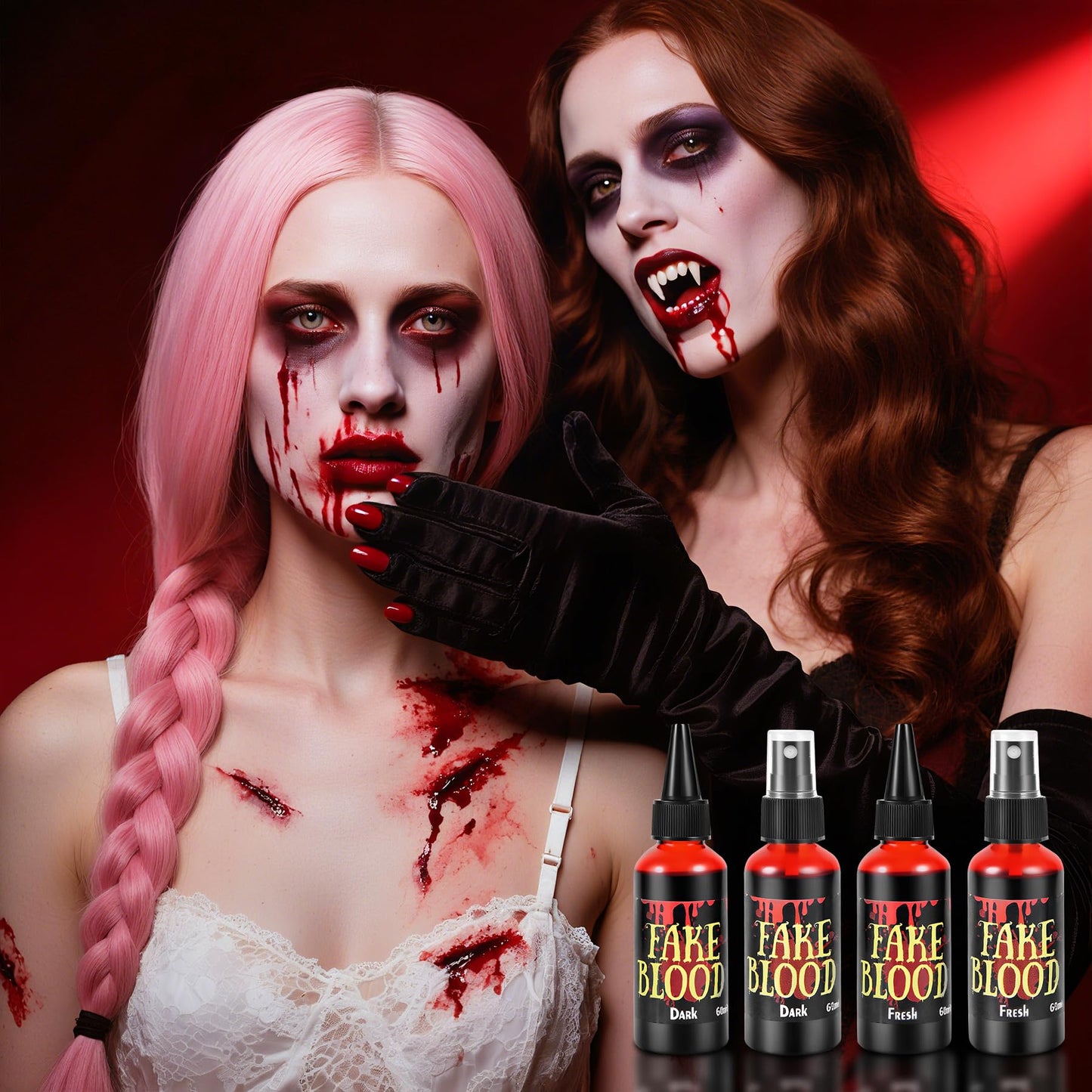 JAYUWE 7 PCS Halloween Fake Blood Spray Makeup Kit - Fake Blood 2.1oz X4 + Coagulated Blood Gel 1.41oz + Soap + Sponge, Washable Blood Paint