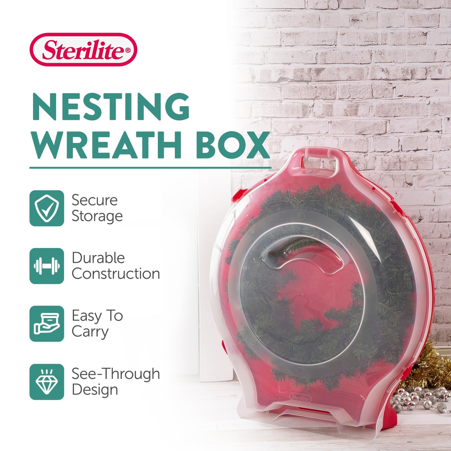 Sterilite Clear Lid Stackable Nesting Storage Christmas Holiday Wreath Box with Handle, Feet, and Latches for Up to 24 inch Wreaths, Red (4 Pack)