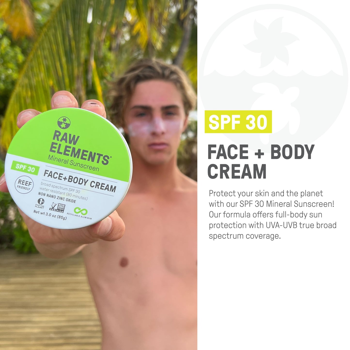 Raw Elements Face and Body Mineral Sunscreen SPF 30 Tin, Organic Sunblock Daily Protection, Non Toxic Reef Safe, Water Resistant, Cruelty Free