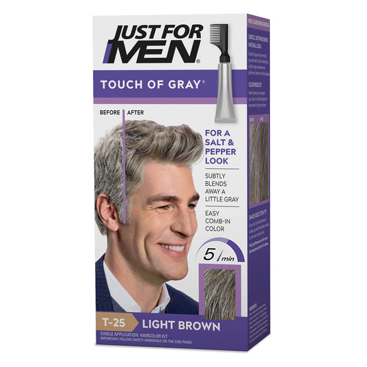 Just For Men Touch of Gray, Mens Hair Color Kit with Comb Applicator for Easy Application, Great for a Salt and Pepper Look - Light Brown, T-25, Pack