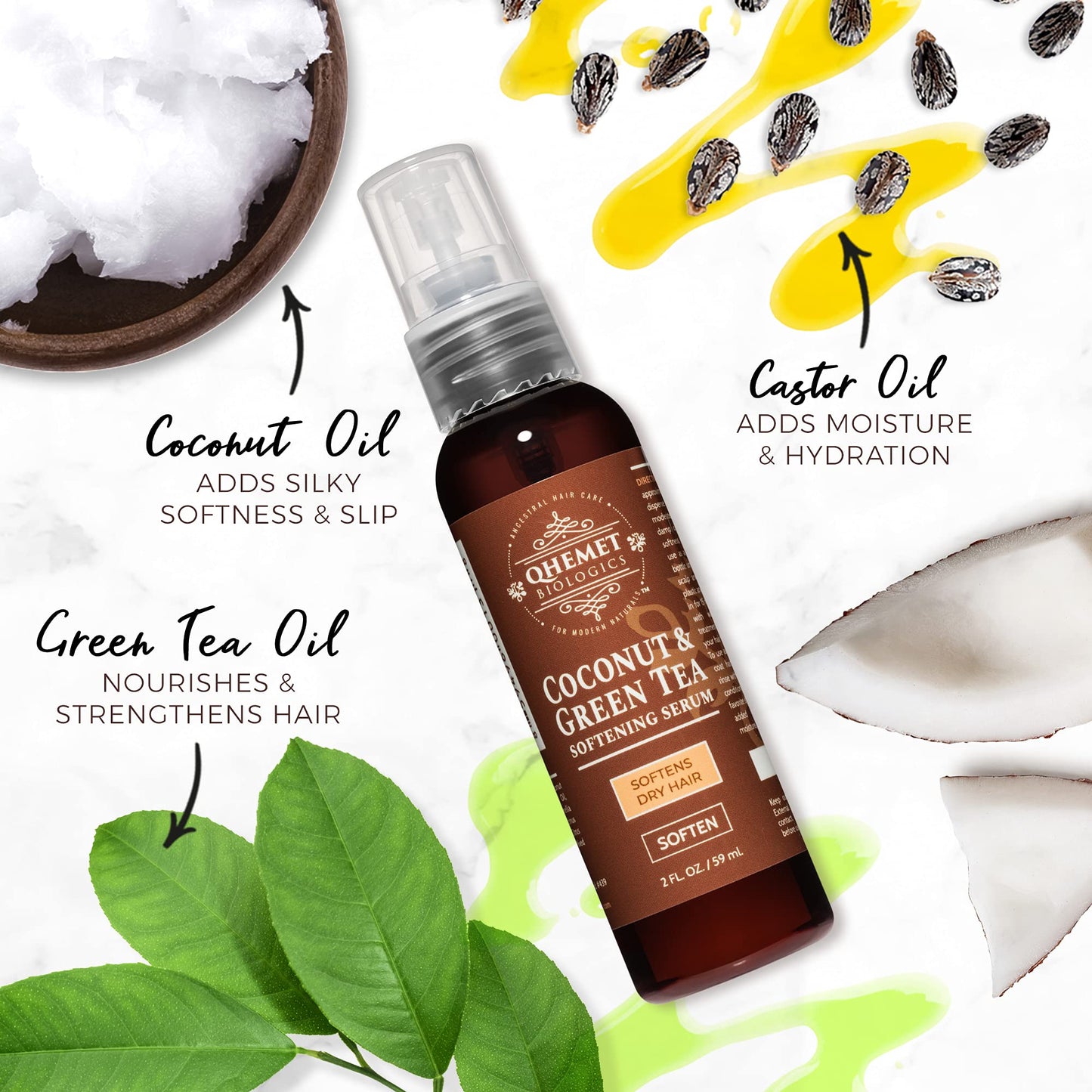 Qhemet Biologics Coconut & Green Tea Softening Serum - Lightweight Hair Serum to Soften, Smooth & Revitalize Dry Hair - Adds Slip and Shine to Thin