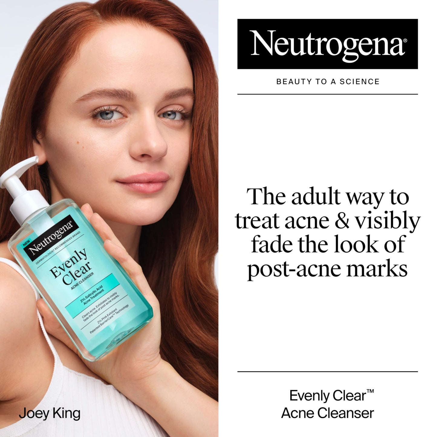 Neutrogena Evenly Clear Acne Cleanser with 2% Salicylic Acid & 2% PHA Exfoliant, Gentle Foaming Face Wash Clears Clogged Pores & Blackheads While