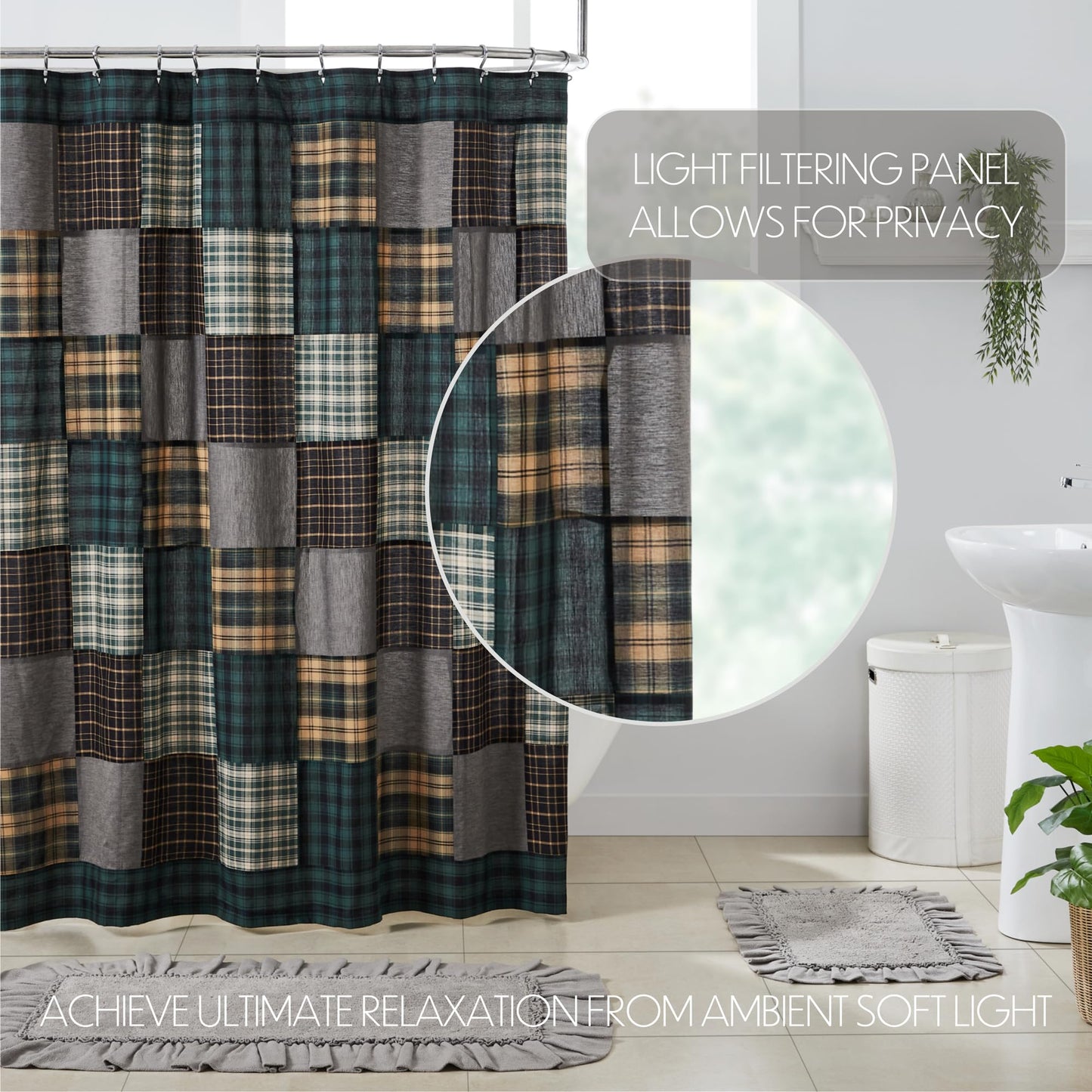 VHC Brands, Pine Grove Plaid Patchwork Shower Curtain, Green, 72x72