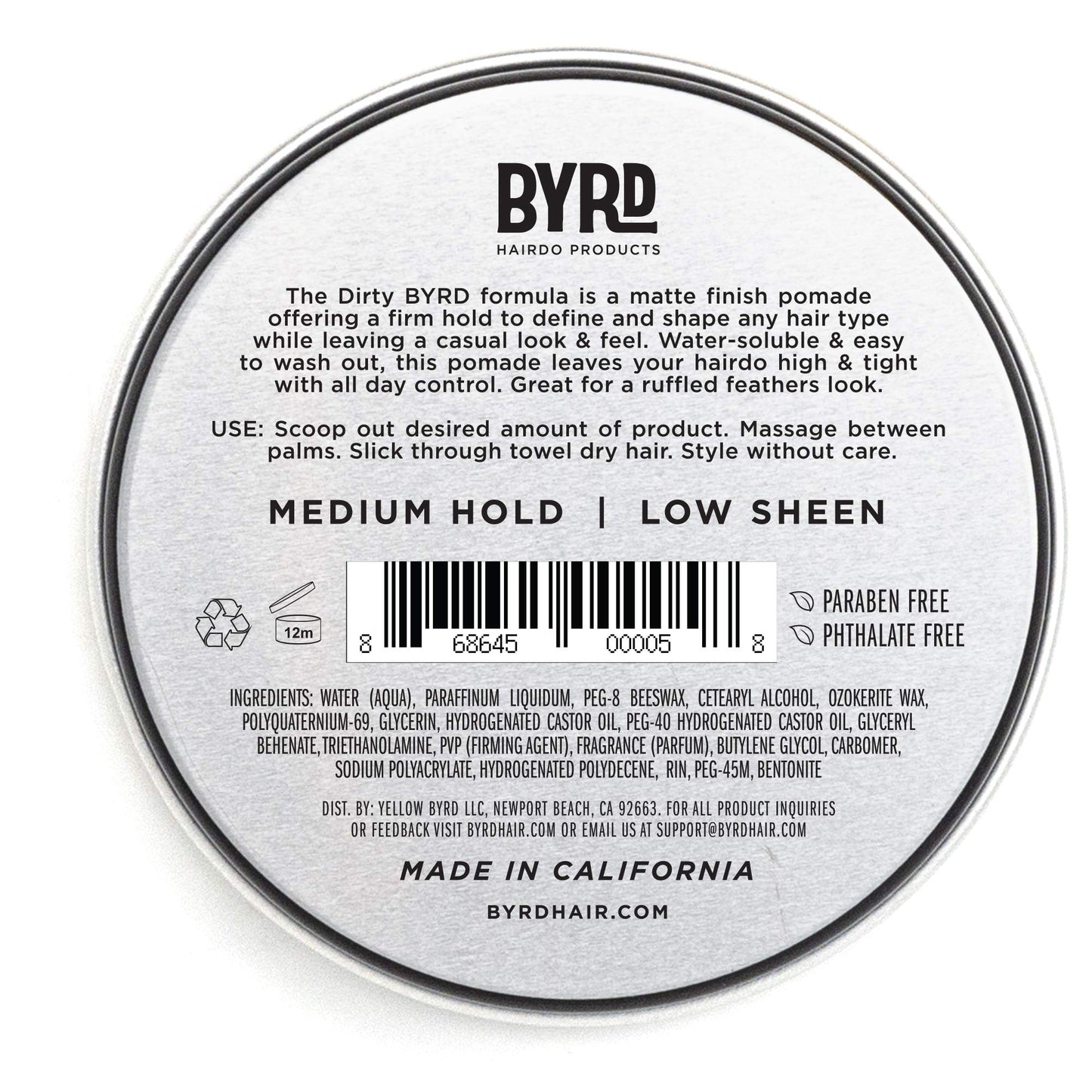 BYRD Hair Matte Pomade - Medium Hold, No Sheen, For All Hair Types, Mineral Oil & Paraben Free, Phthalate & Sulfate Free, Cruelty-Free, Water Based