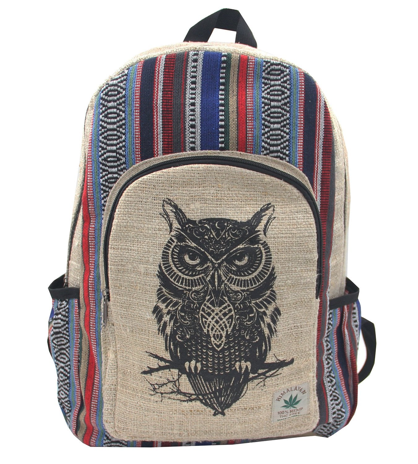 KayJayStyles Natural Handmade Large Multi Pocket Hemp Nepal Backpack (Owl)