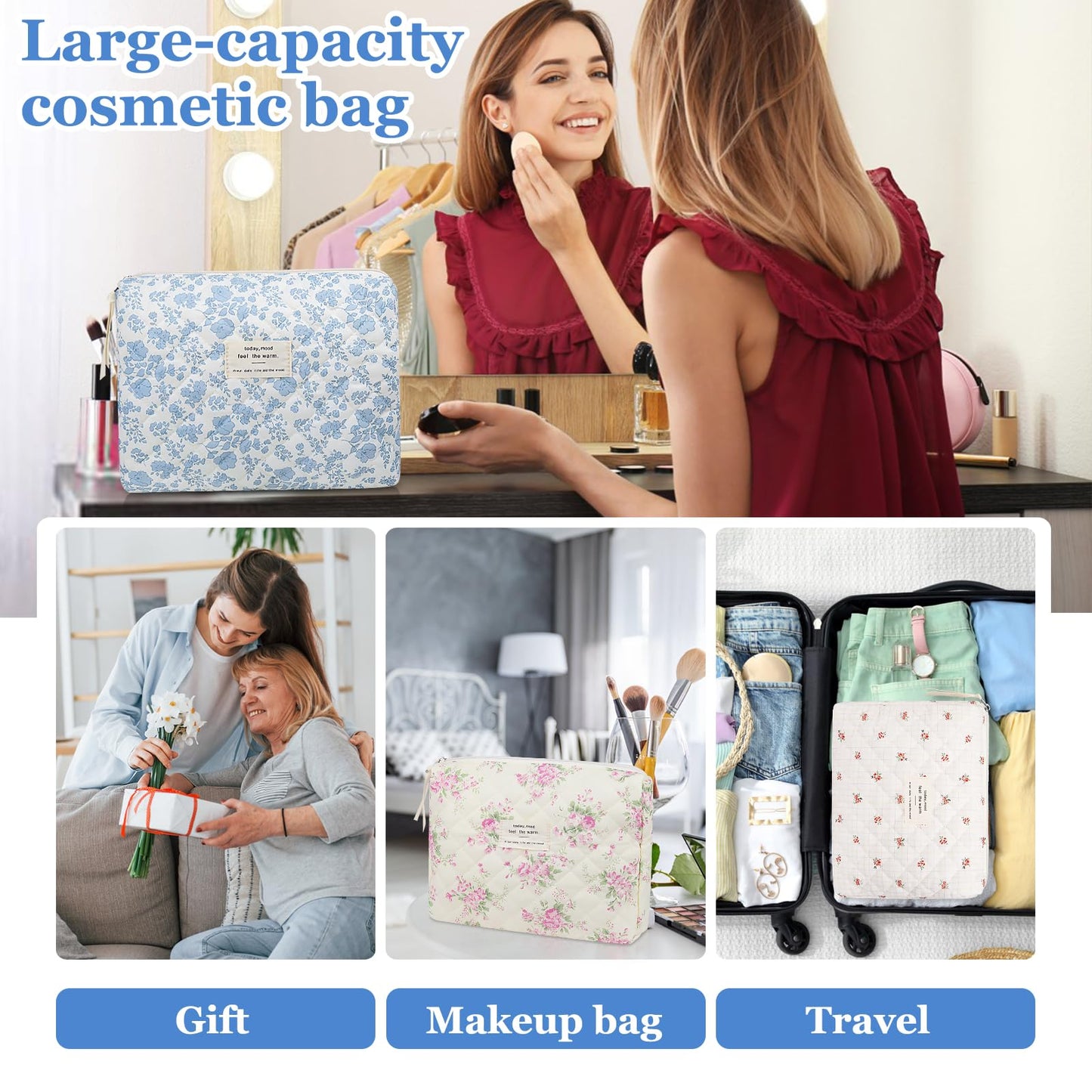 Floral Makeup Bag – Large Quilted Cosmetic Pouch for Women & Girls, Cute Cotton Travel Toiletry Organizer, Blue Flower Design