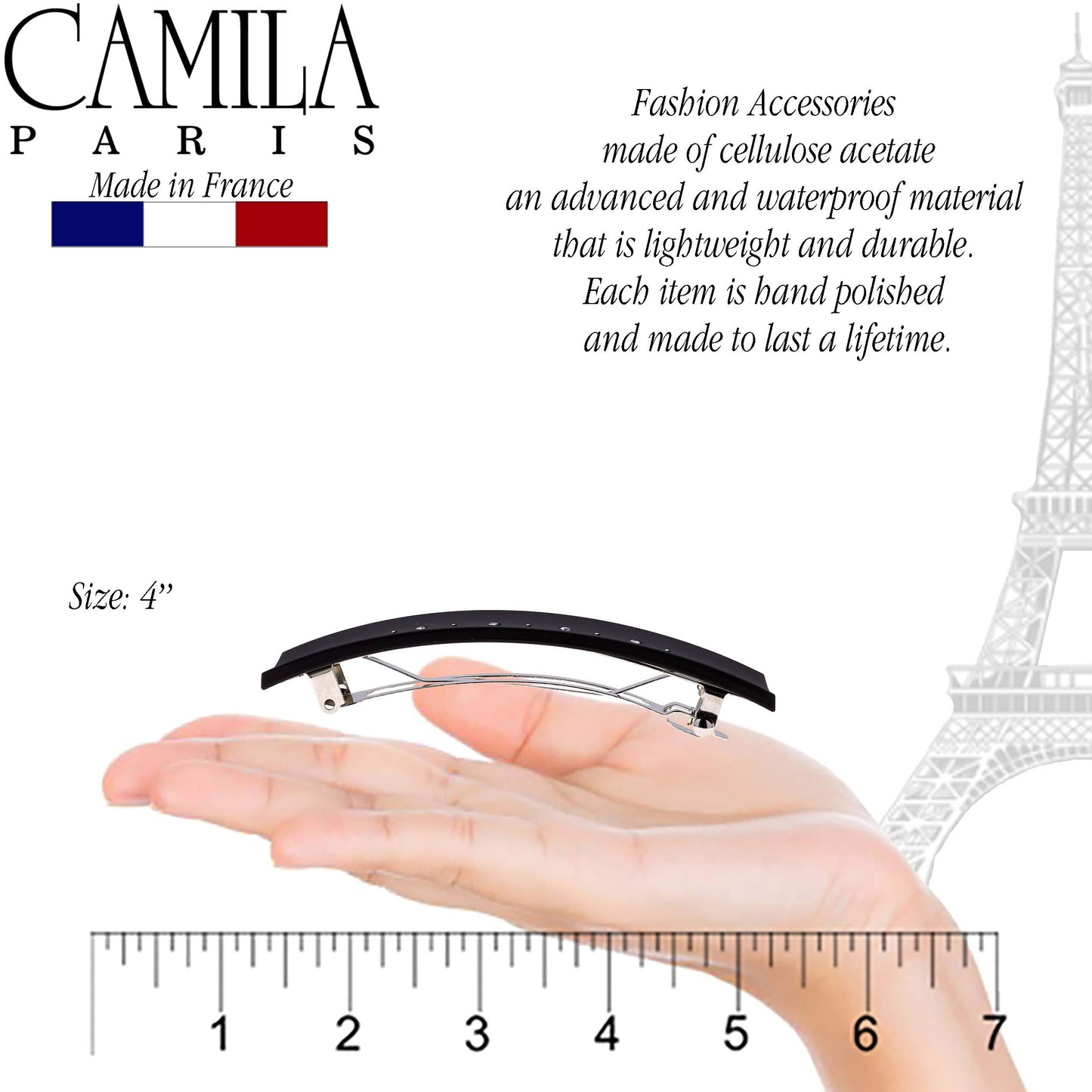 Camila Paris CP2652 French Hair Barrette Clip for Girls, Black, Metal Automatic Clasp Strong Hold Grip Hair Clips for Women, No Slip and Durable