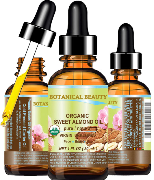 Botanical Beauty Organic SWEET ALMOND OIL 100% Pure Natural Virgin Unrefined Undiluted Cold Pressed Carrier Oil for Face, Skin, Body, Hair, Massage
