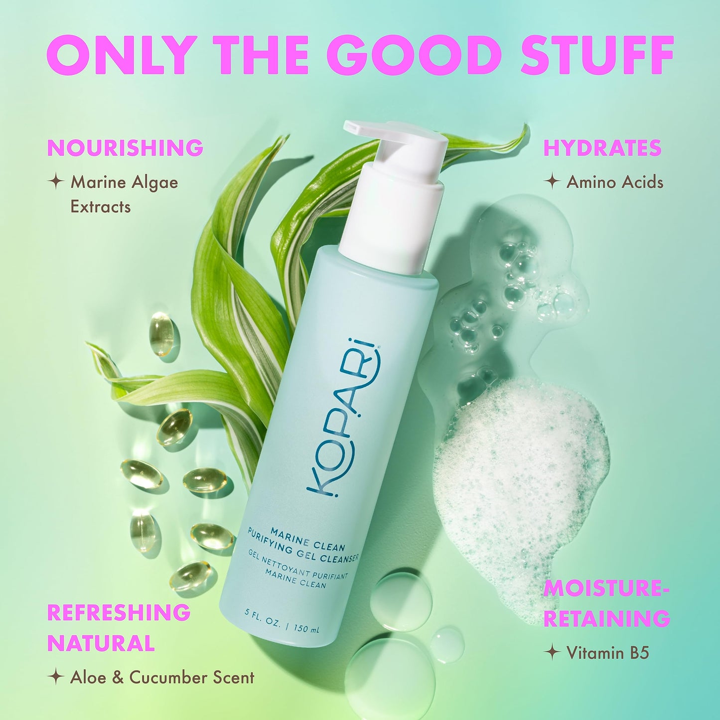 Kopari Marine Clean Purifying Gel Cleanser, Infused with Amino Acids & Vitamin B5, Dual-Action Gel-to-Foam Cleanser, Gentle and Nourishing, 5 oz | New
