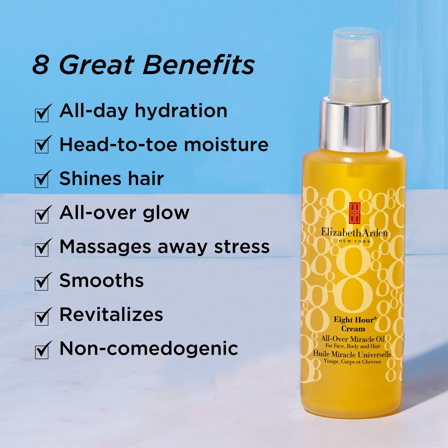 Elizabeth Arden Eight Hour All-Over Miracle Oil, Hydrating Spray Moisturizer for Face, Body & Hair, Vitamin E & Tsubaki Oil, Non-Comedogenic