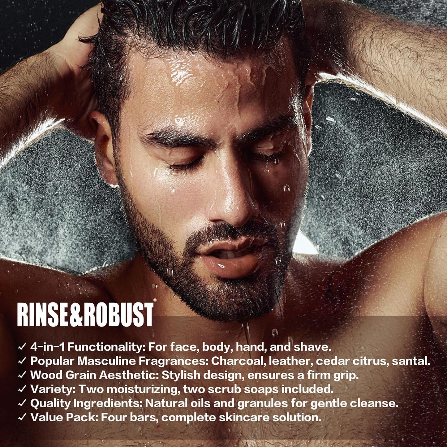 Rinse & Robust Bar Soap for Men - 4Pcs Exfoliating & Moisturizing 4-in-1 Cleansing Bar Set for Face, Body, Hands & Shave | All Skin Types | Luxury