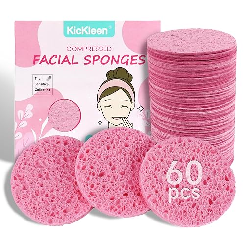 60-Count Compressed Facial Sponges|100% Natural Kickleen Cellulose Cosmetic Spa Sponges for Daily Facial Cleansing|Makeup and Mask Removal |