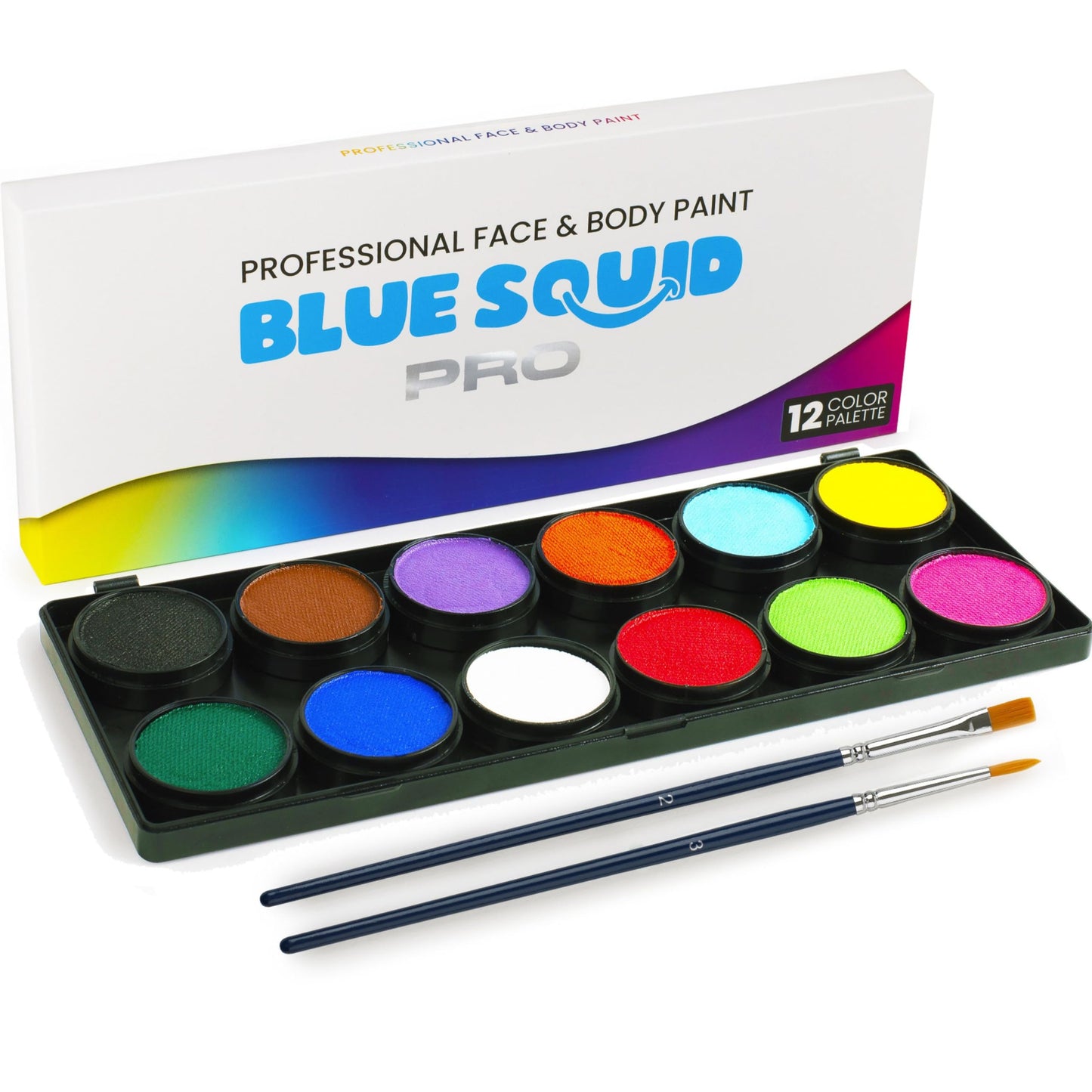 Blue Squid PRO Professional Face Painting Kit - 12 Color Palette with 2 Brushes, Face & Body Paint Kits for Adults & Kids - Safe & Washable SFX Makeup