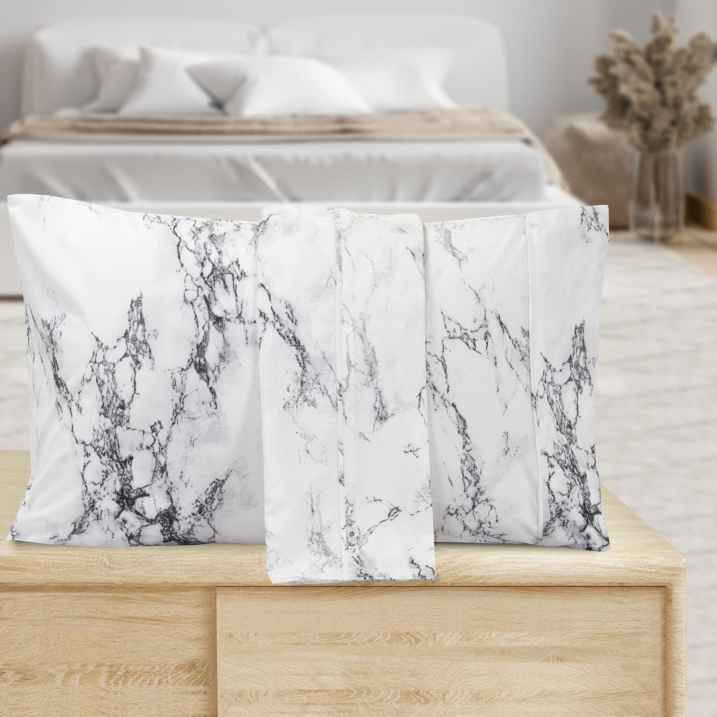 Valerian Marble Printed Pillowcases 2-Piece Set Egyptian Quality 1500 Thread Count Timeless Classic Designs Soft and Smooth Weave, Wrinkle Resistant,