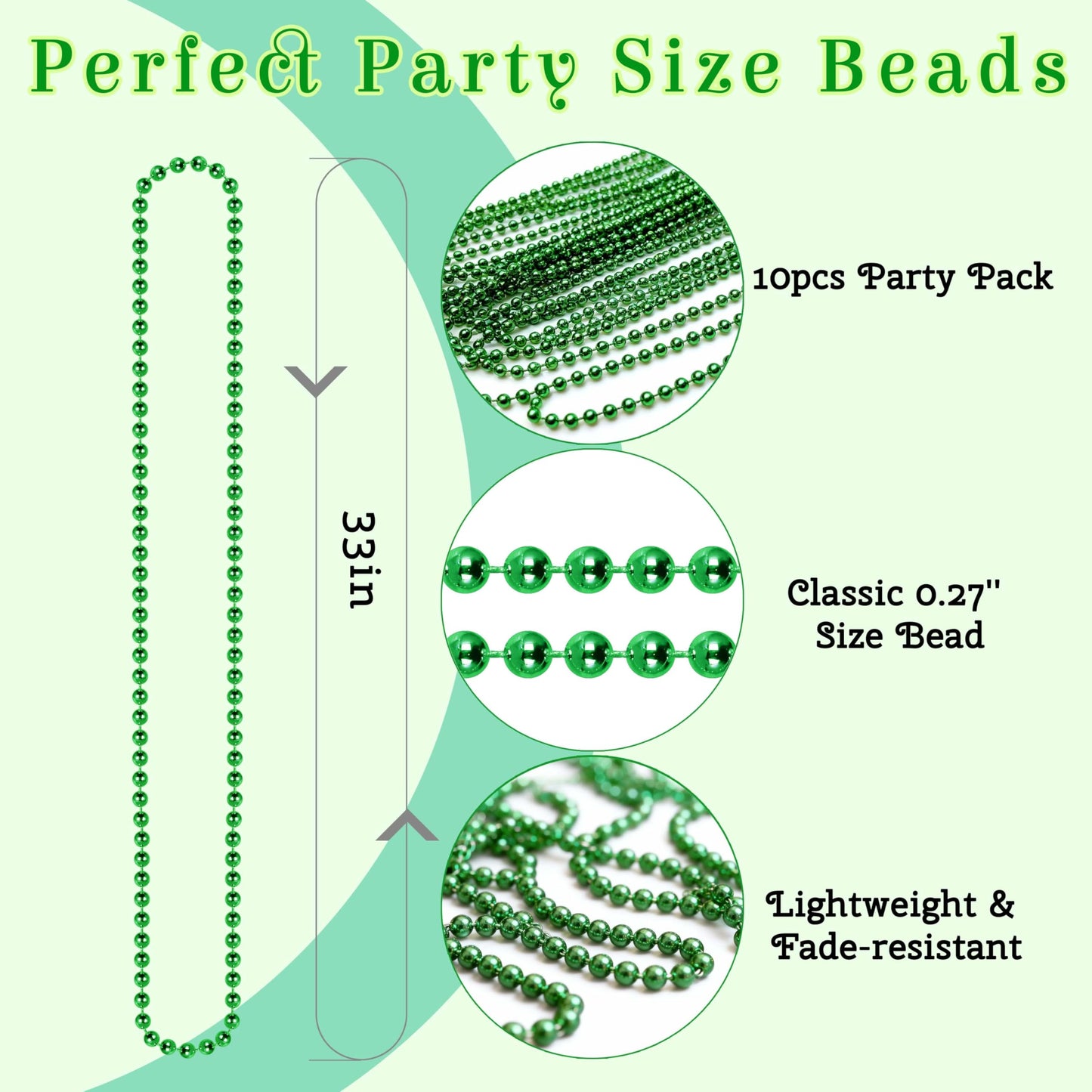 St Patricks Day Accessories Green Face Glitter & 10 PCS 7mm 33’ St Patricks Day Decorations Green Beaded Necklace Set, Christmas Glitter for Hair