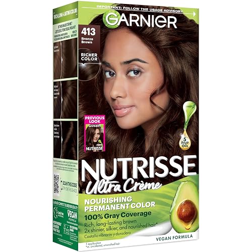 Garnier Nutrisse Ultra Crème Hair Color, Permanent Hair Dye with 100% Gray Coverage, Vegan & Cruelty-Free, 413 Bronze Brown (Bronze Sugar), 1 Count
