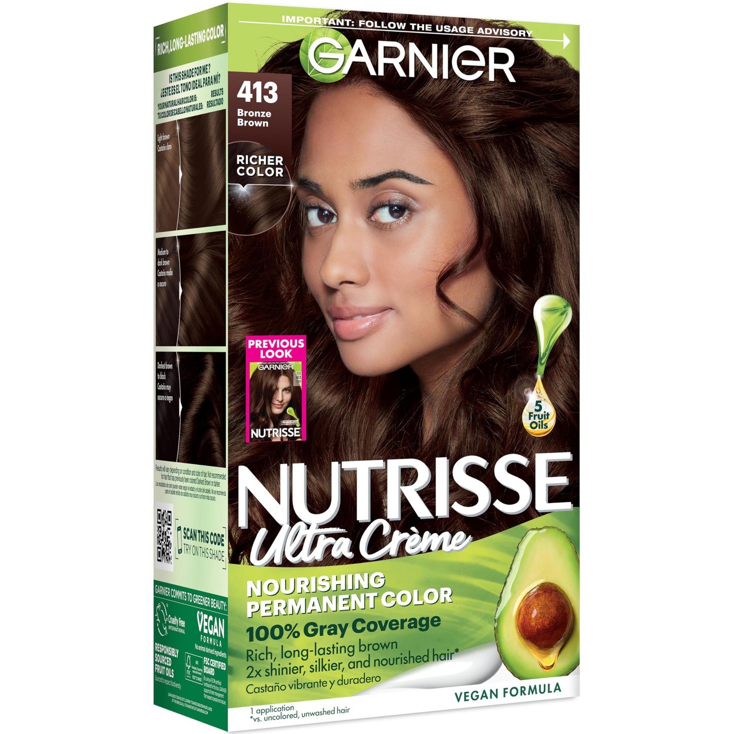 Garnier Nutrisse Ultra Crème Hair Color, Permanent Hair Dye with 100% Gray Coverage, Vegan & Cruelty-Free, 413 Bronze Brown (Bronze Sugar), 1 Count