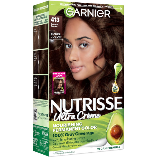 Garnier Nutrisse Ultra Crème Hair Color, Permanent Hair Dye with 100% Gray Coverage, Vegan & Cruelty-Free, 413 Bronze Brown (Bronze Sugar), 1 Count Beauty & Personal Care Garnier