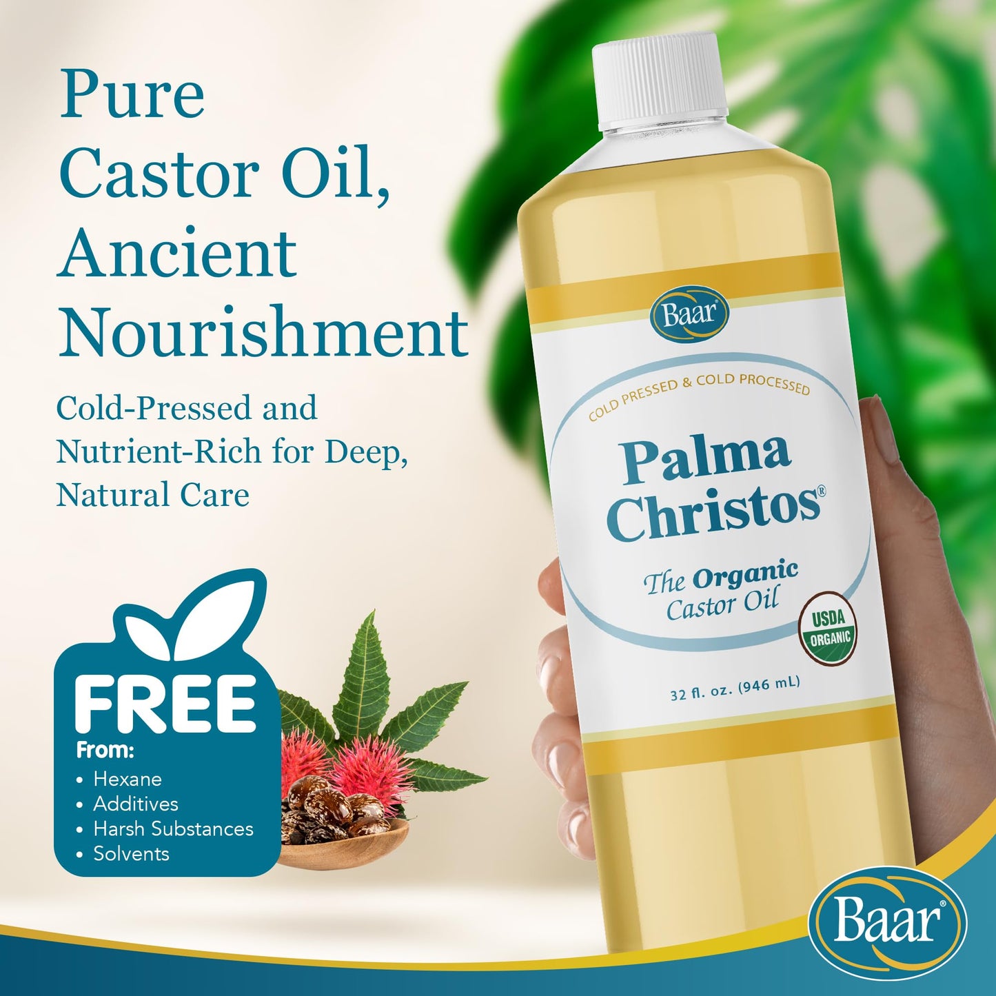 Baar Palma Christos Organic Castor Oil Products, Cold-Pressed, Hexane-Free, USDA Certified, for Skin, Hair, Massage & Castor Oil Packs, 32 oz
