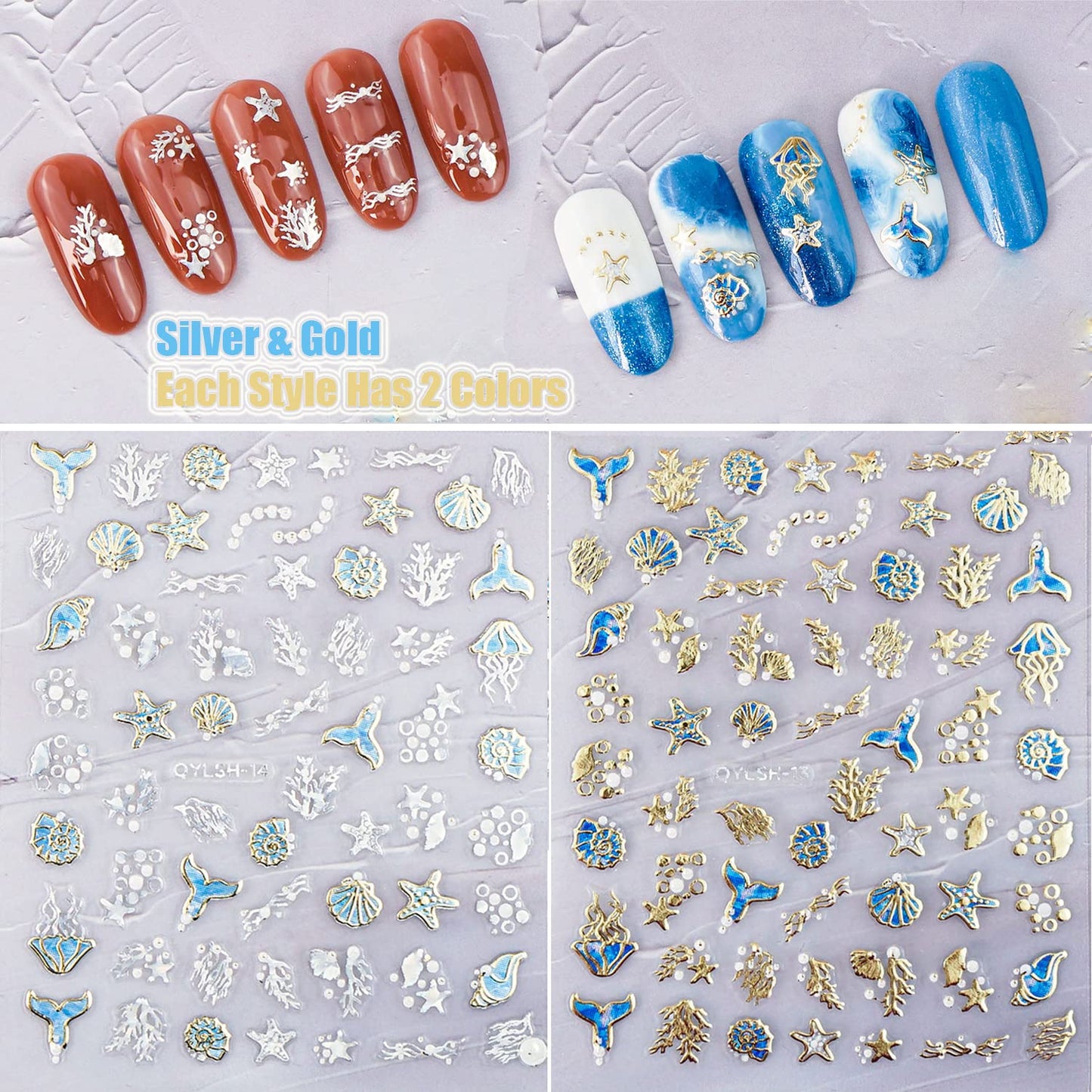 Zoance 20 Sheet 5D Embossed Nail Art Stickers,Luxury Gold Silver Nail Decals Self-Adhesive Metallic Leaves Flower Butterfly French Nail Stripe Line