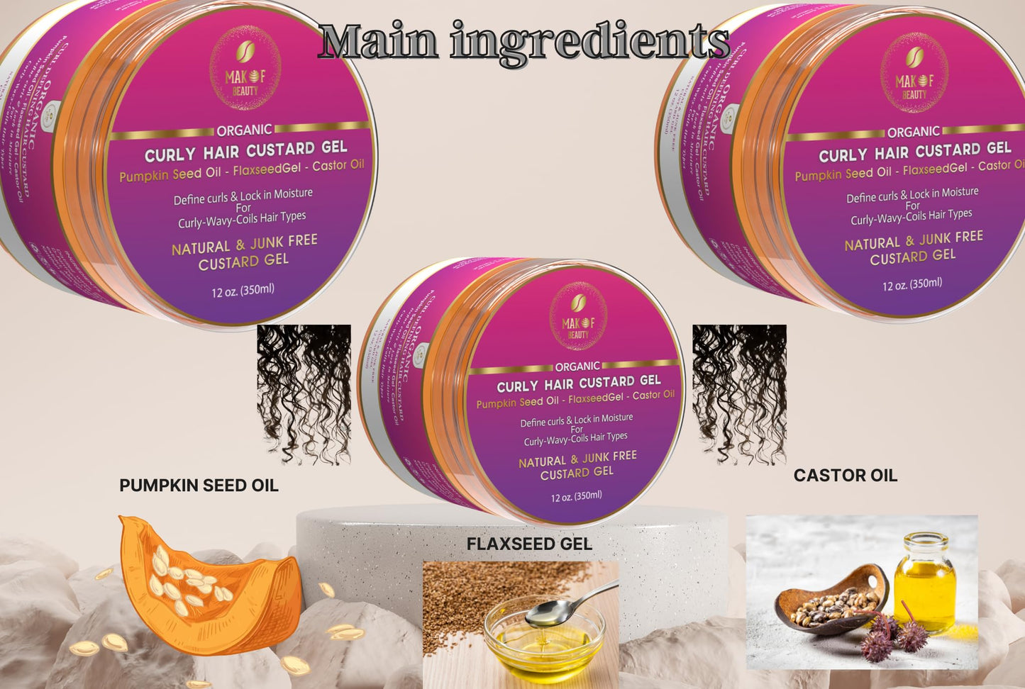 MAKOF BEAUTY Curls Defining & Styling Custard Gel, Enhances Curls Definition & Long-Lasting Hold. With Flaxseed, Pumpkin Seed & Rosemary. Natural Hair