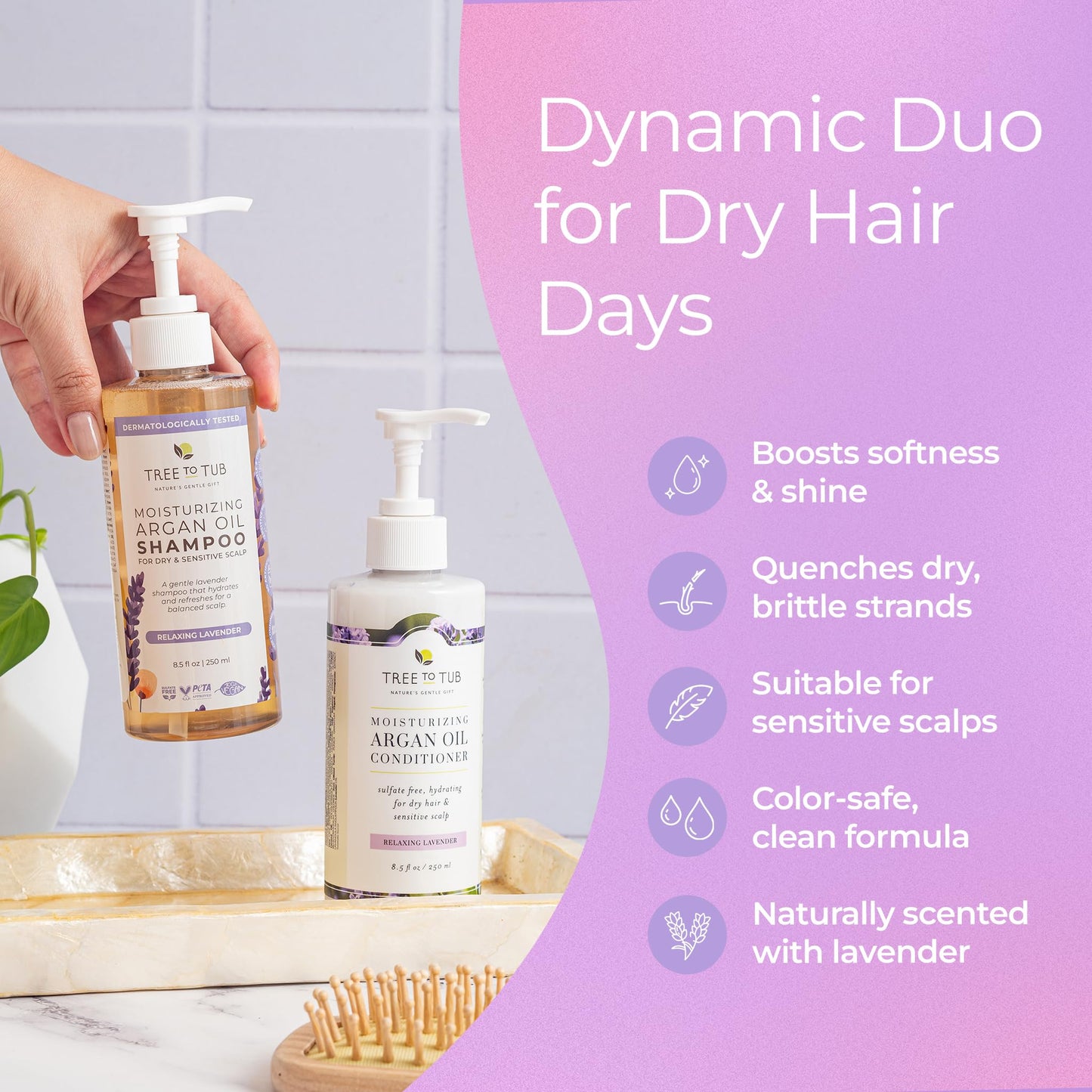 Tree To Tub Lavender Shampoo and Conditioner Set for Dry Hair, Dry Scalp, Frizz - Moisturizing Argan Oil Shampoo and Conditioner for Women & Men