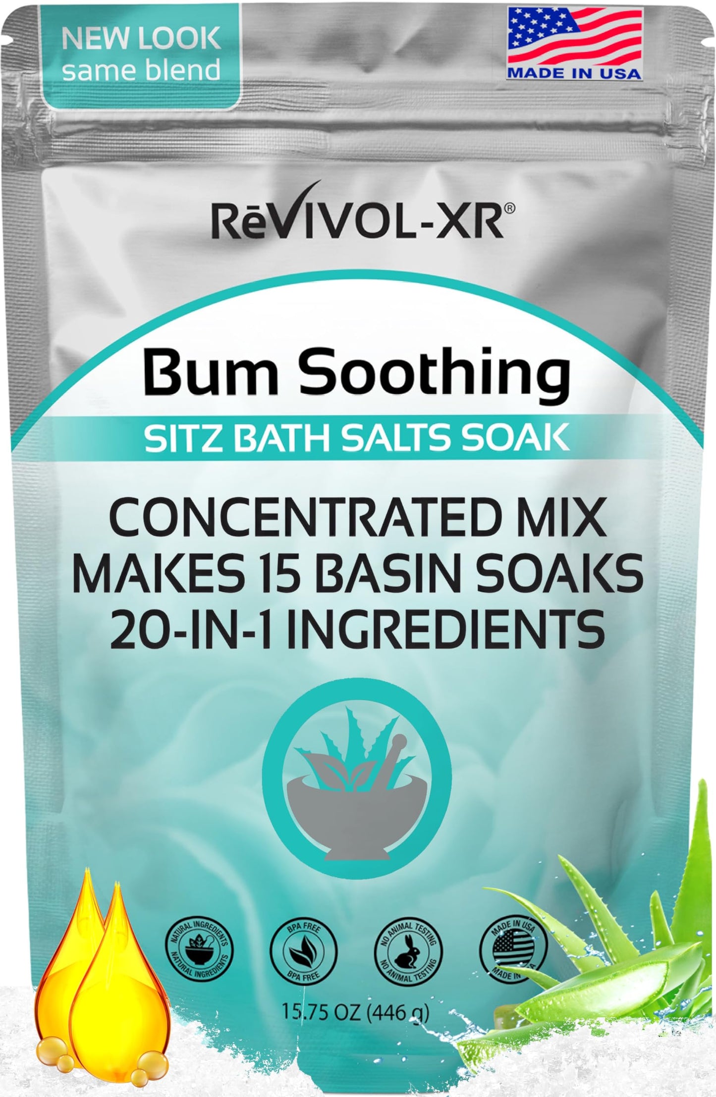 Sitz Bath for Hemorrhoids Soothing 20-in-1 Salts Mix + E Oils, 15 Soaks Concentrate for Toilet Seat Basin - Comfort Relief, Made in USA with Premium