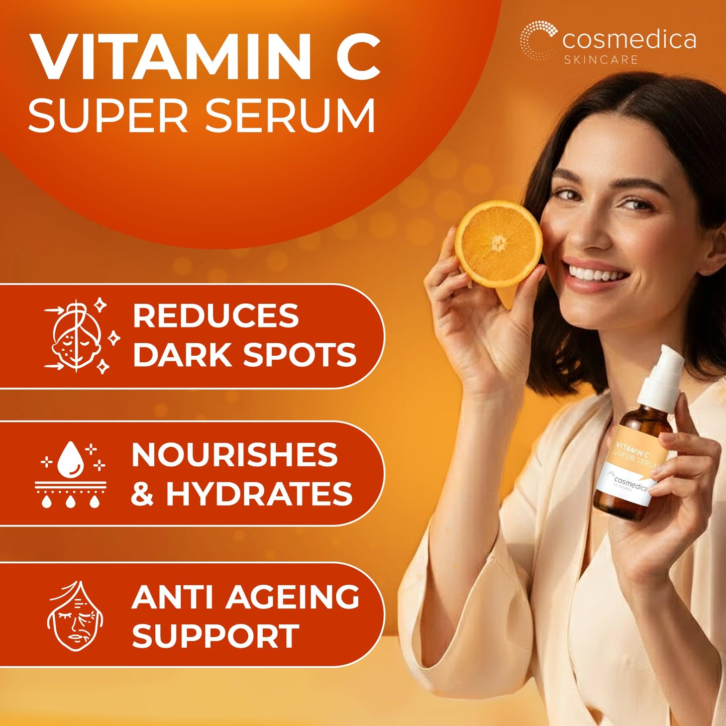Cosmedica Vitamin C Serum for Face with Hyaluronic Acid & Vitamin E - Brightening Anti-Aging Serum for Dark Spots, Fine Lines & Wrinkles, Lightweight