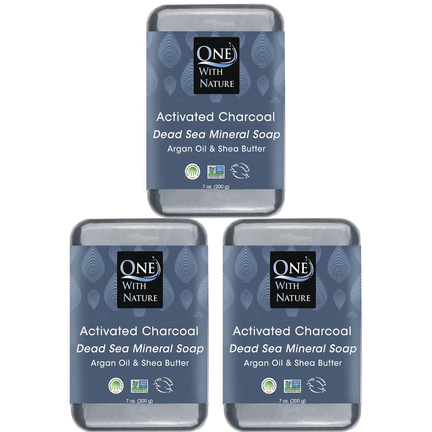 One With Nature Activated Charcoal Soap 7oz 3-Pack - Detoxifying and Exfoliating Charcoal Soap Bar with Dead Sea Salt for Face & Body, for Men & Women