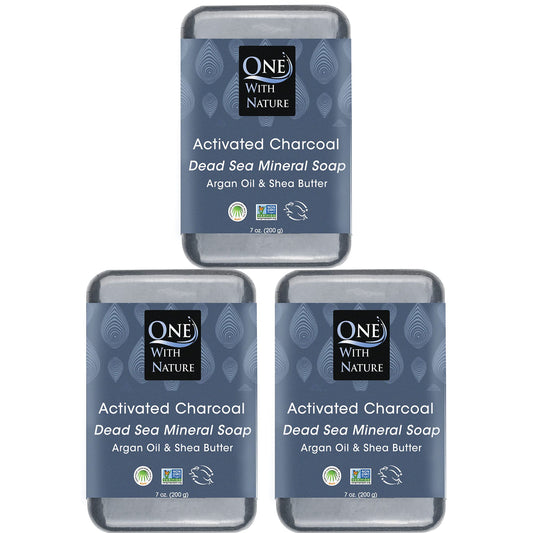 One With Nature Activated Charcoal Soap 7oz 3-Pack - Detoxifying and Exfoliating Charcoal Soap Bar with Dead Sea Salt for Face & Body, for Men & Women