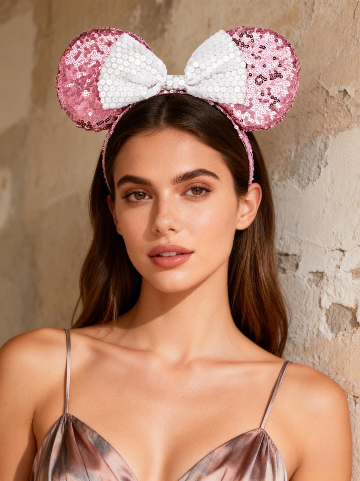 A Miaow Sequin Black Mouse Ears Headband MM Glitter Hair Clasp Adults Women Butterfly Hair Hoop Birthday Party Holiday Park Photo Supply (Pink