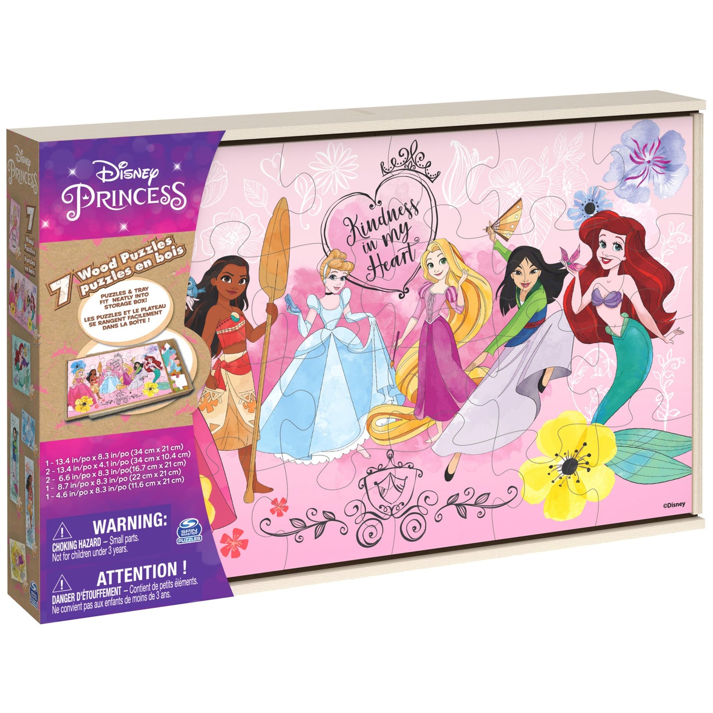 Spin Master Disney Princess Puzzle Set, 7-Pack Jigsaw for Kids Ages 4+, 12/16/24 Piece Puzzles with Ariel, Rapunzel, Tiana & More, Storage Tray
