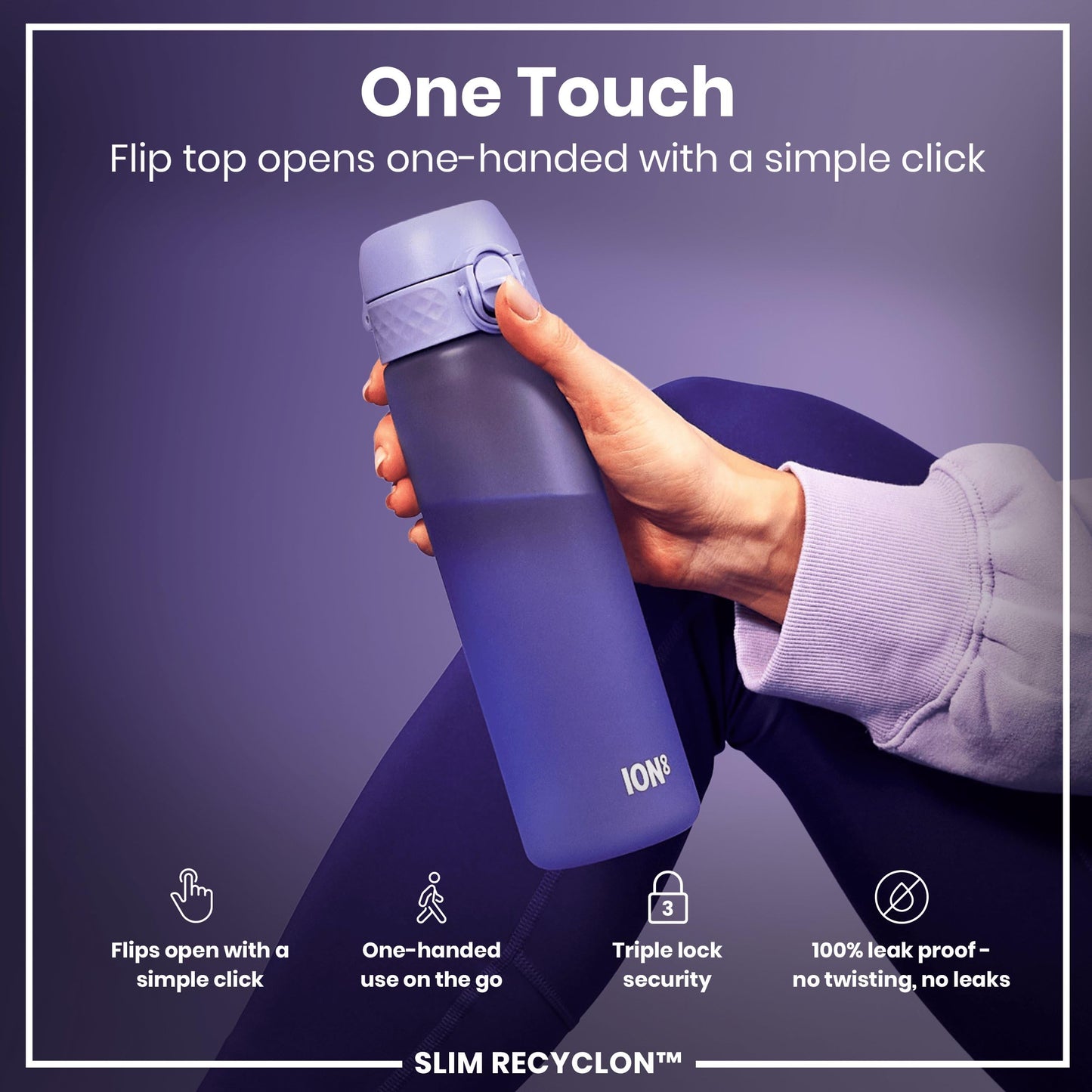 Ion8 Water Bottle, 500 ml/18 oz, Leak Proof, Easy to Open, Secure Lock, Dishwasher Safe, BPA Free, Flip Cover, Carry Handle, Fits Cup Holders, Easy