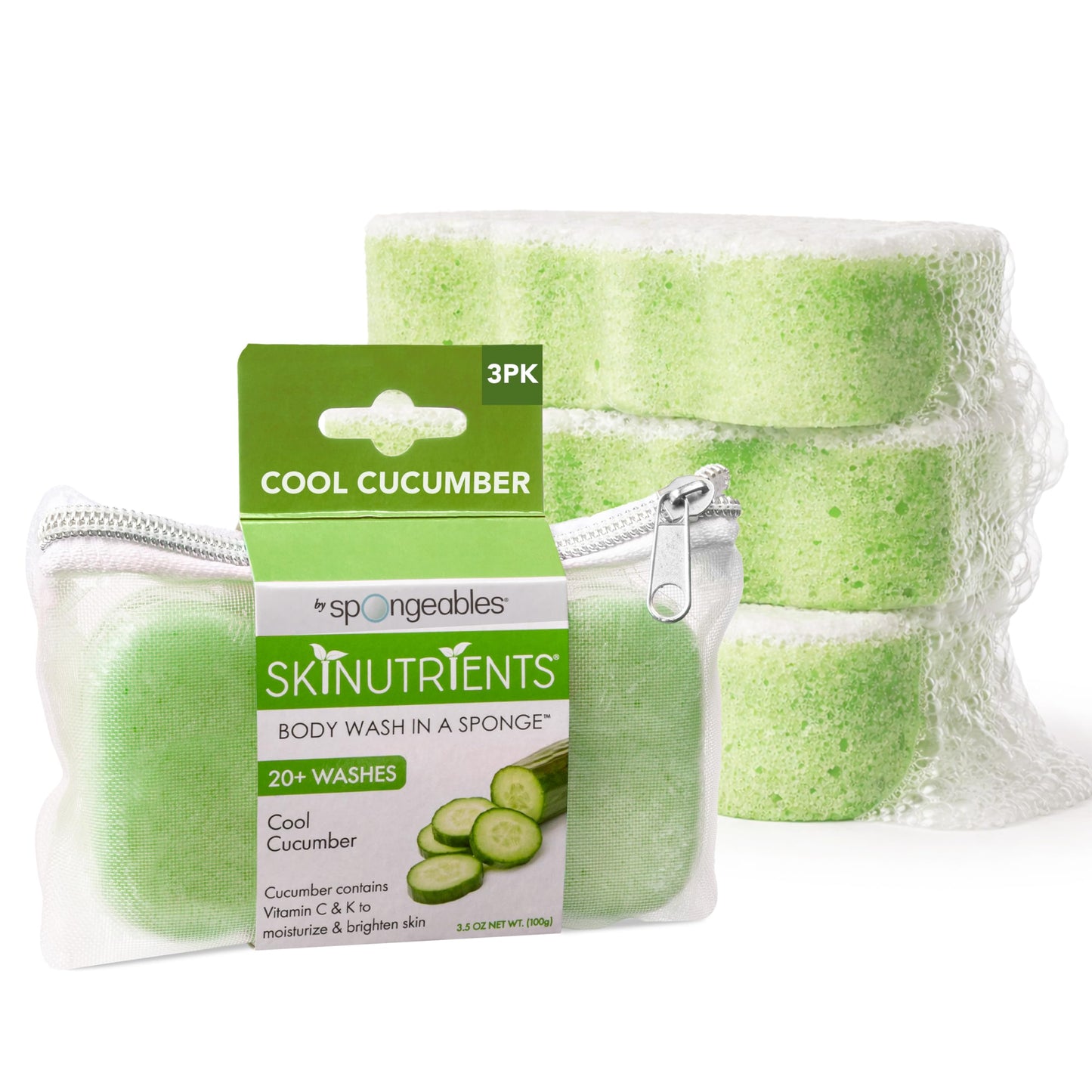 Spongeables Body Wash in a 20+ Wash Sponge, Cool Cucumber, 3 Count