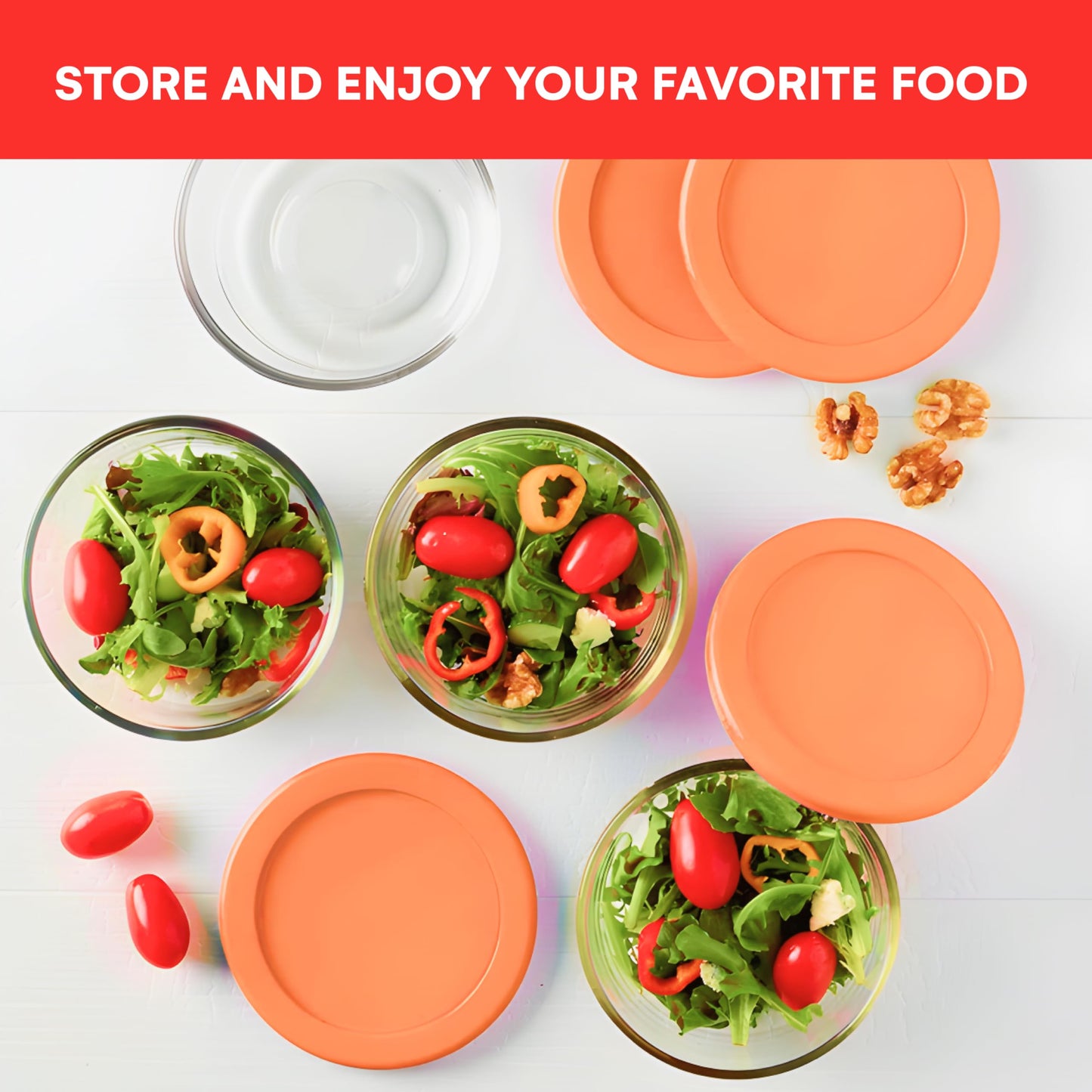 Wood Grip Lids for Pyrex and Anchor Round Glass Containers - 4-Cups, Orange-6 Pack