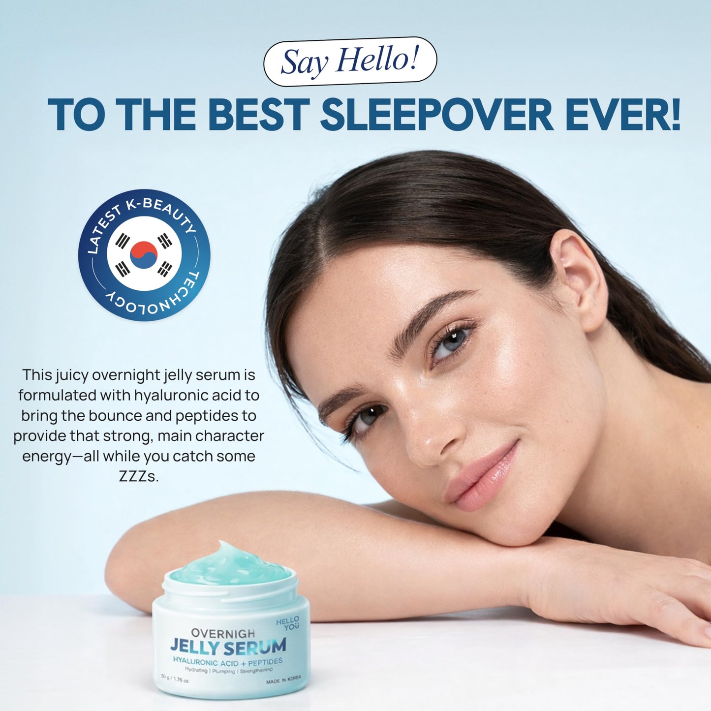 Hello You Hyaluronic Acid & Peptides Overnight Jelly Serum - Dermatologist Tested, Anti Aging, Korean Skin Care - Hydrating, Plumping Glow, 3-In-1