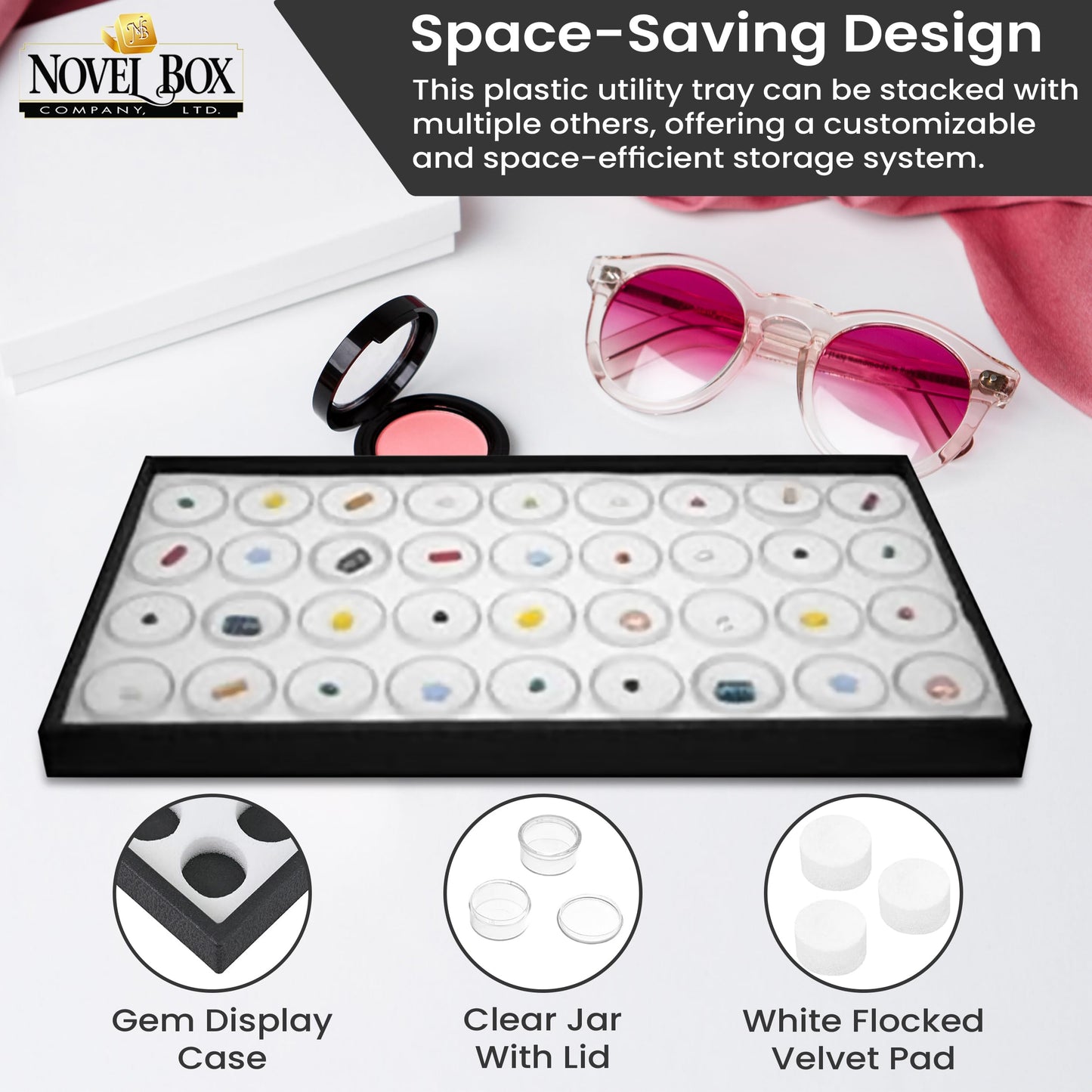 Novel Box Jewelry Display Tray Black Wood 8.25 x 14.75 x 1 Large Jewelry Tray with 36 Gem Jars Insert | Rectangular Display Trays for Collectibles…