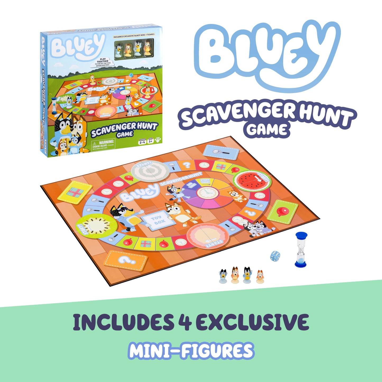 Bluey Scavenger Hunt Board Game, Cooperative Play with 4 Exclusive Mini-Figures, Learning Toys for 5+ Year Old, Fun Toy Token Collecting Game