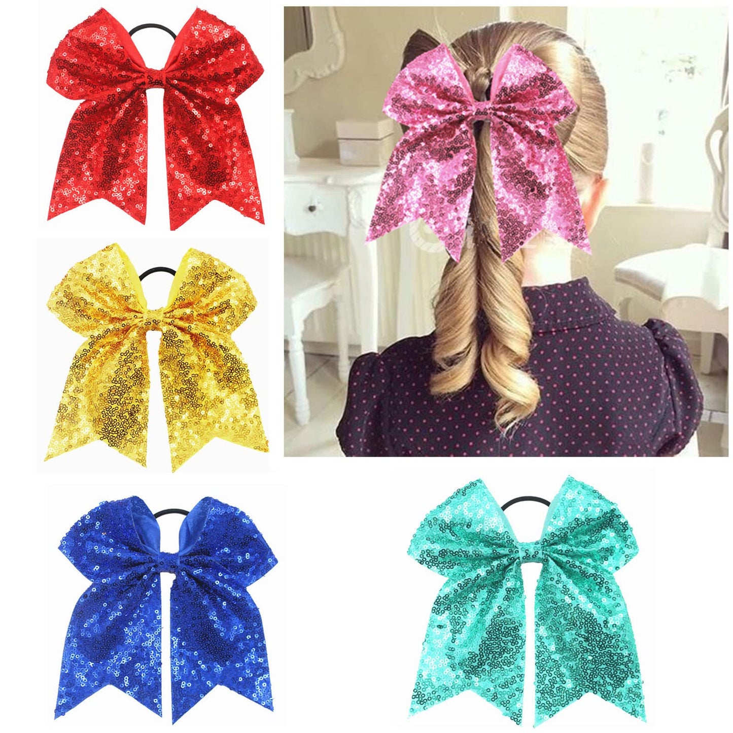 Xansema 6.5 Inches Sequins Hair Bows Elastic Hair Tie Ribbon Large Cheer Bow Ponytail Holder Hair Band for Women Girls Kids Teens (Pink)
