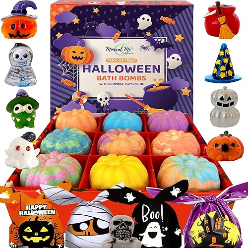 Bath Bombs for Kids with Surprise Toys Inside - Set of 9 Organic Halloween Bath Bombs, Gentle and Safe - Fizzy Balls with Rainbow Bubbles, Halloween…