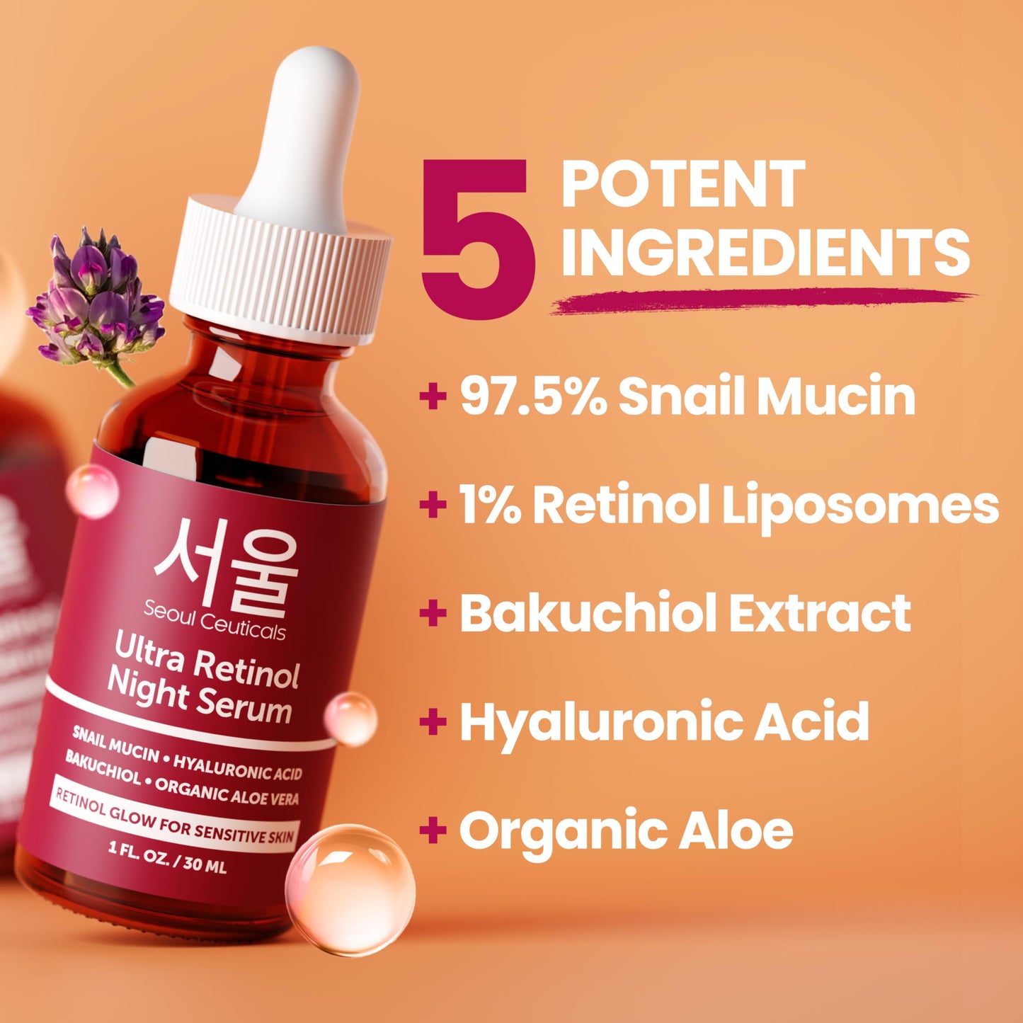 SeoulCeuticals 1% Korean Retinol Night Serum for Face - 97.5% Snail Mucin + Hyaluronic Acid + Bakuchiol, Cruelty Free K Beauty for Sensitive Skin 1oz