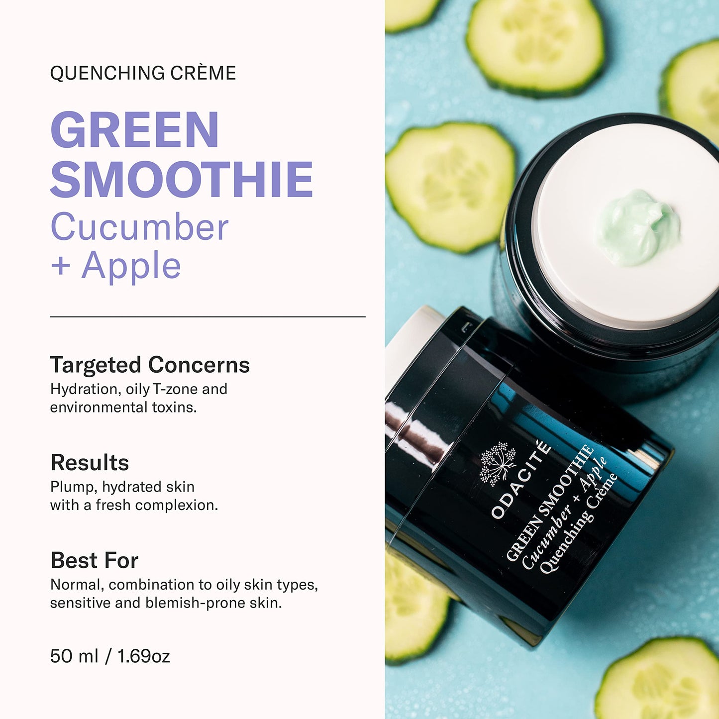 ODACITE Hydrating Face Moisturizer - Green Smoothie Quenching Creme, Face Cream - Moisture Locking Face Cream is Lightweight & Non-Greasy - Cucumber