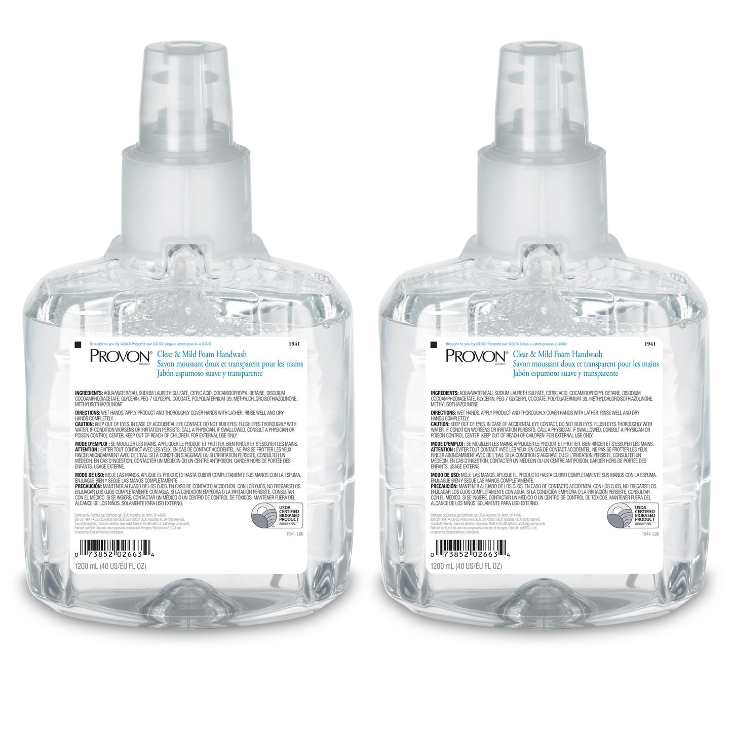PROVON LTX-12 Clear and Mild Foam Handwash, EcoLogo Certified, 1200 mL Foam Soap Refill for LTX-12 Touch-Free Dispenser (Pack of 2) - 1941-02