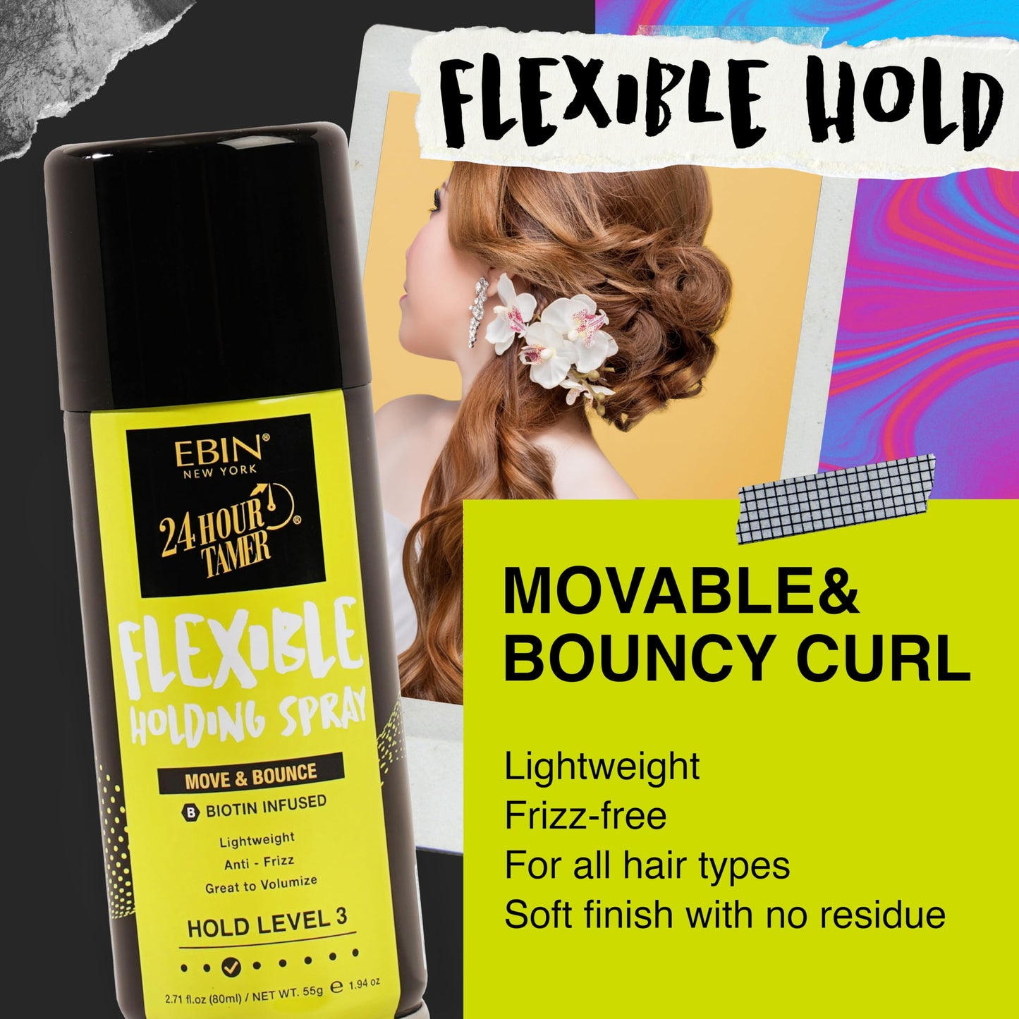 EBIN NEW YORK 24 Hour Tamer Flexible Holding Spray - Move & Bounce 1.94oz/ 80ml | Tames Frizz & Flyaway, Gives High Shine & Volume, All Day Hold