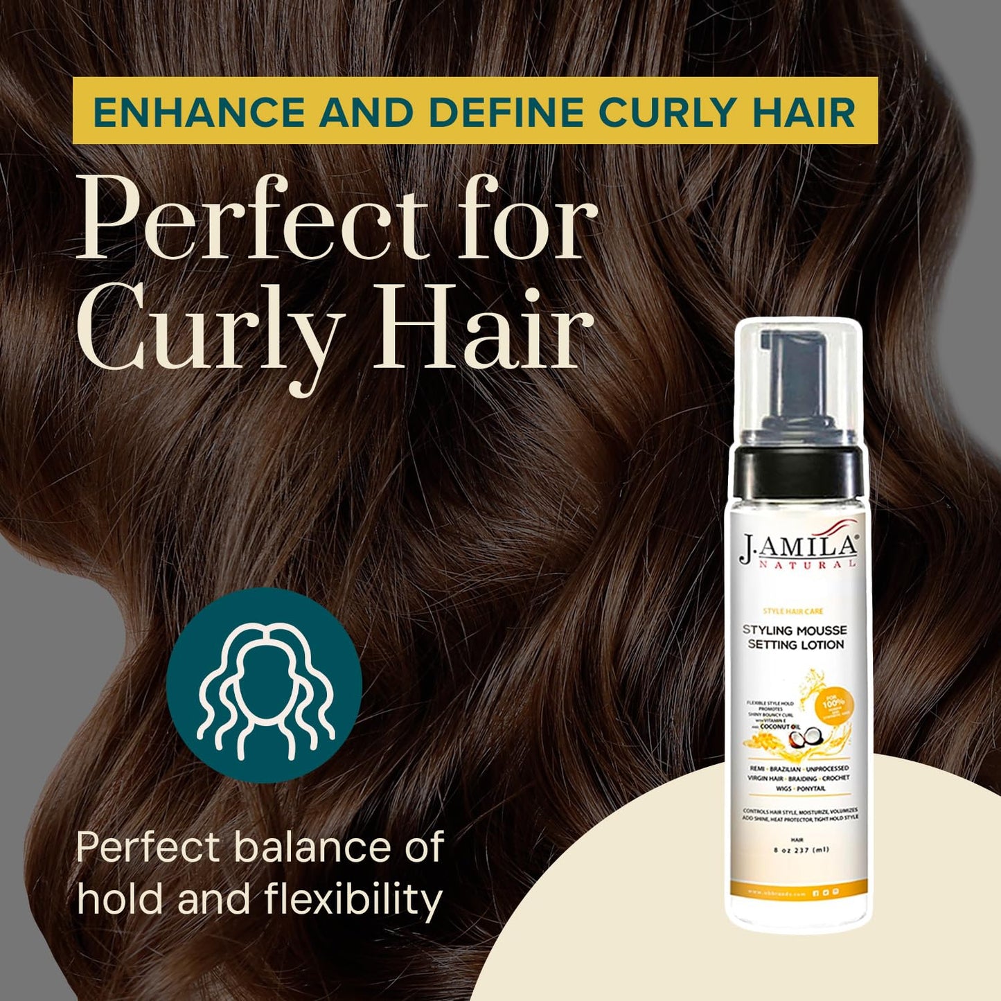 J. AMILA Styling Mousse for Curly & Wavy Hair - 8oz (237ml) Frizz Control & Long-Lasting Hold with Nourishing Coconut Oil - Defines Curls, Adds Volume