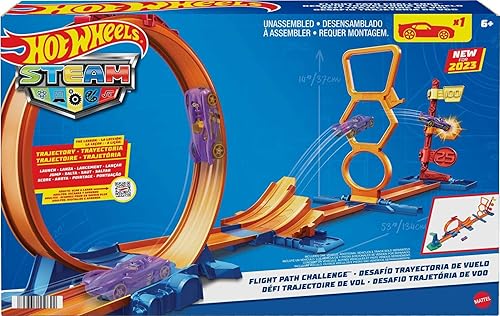 Hot Wheels Toy Car Track Set with 1:64 Vehicle, STEAM Flight Path Challenge Playset, Learn The Basic Physics of Trajectory, Track Storage