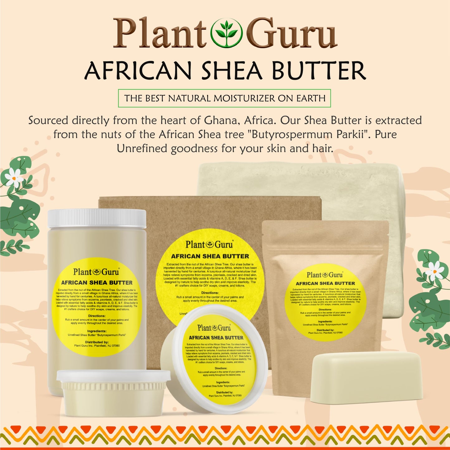 Plant Guru Raw African Shea Butter 8 oz. 100% Pure Natural Unrefined IVORY - Ideal Moisturizer For Dry Skin, Body, Face And Hair Growth. Great For DIY