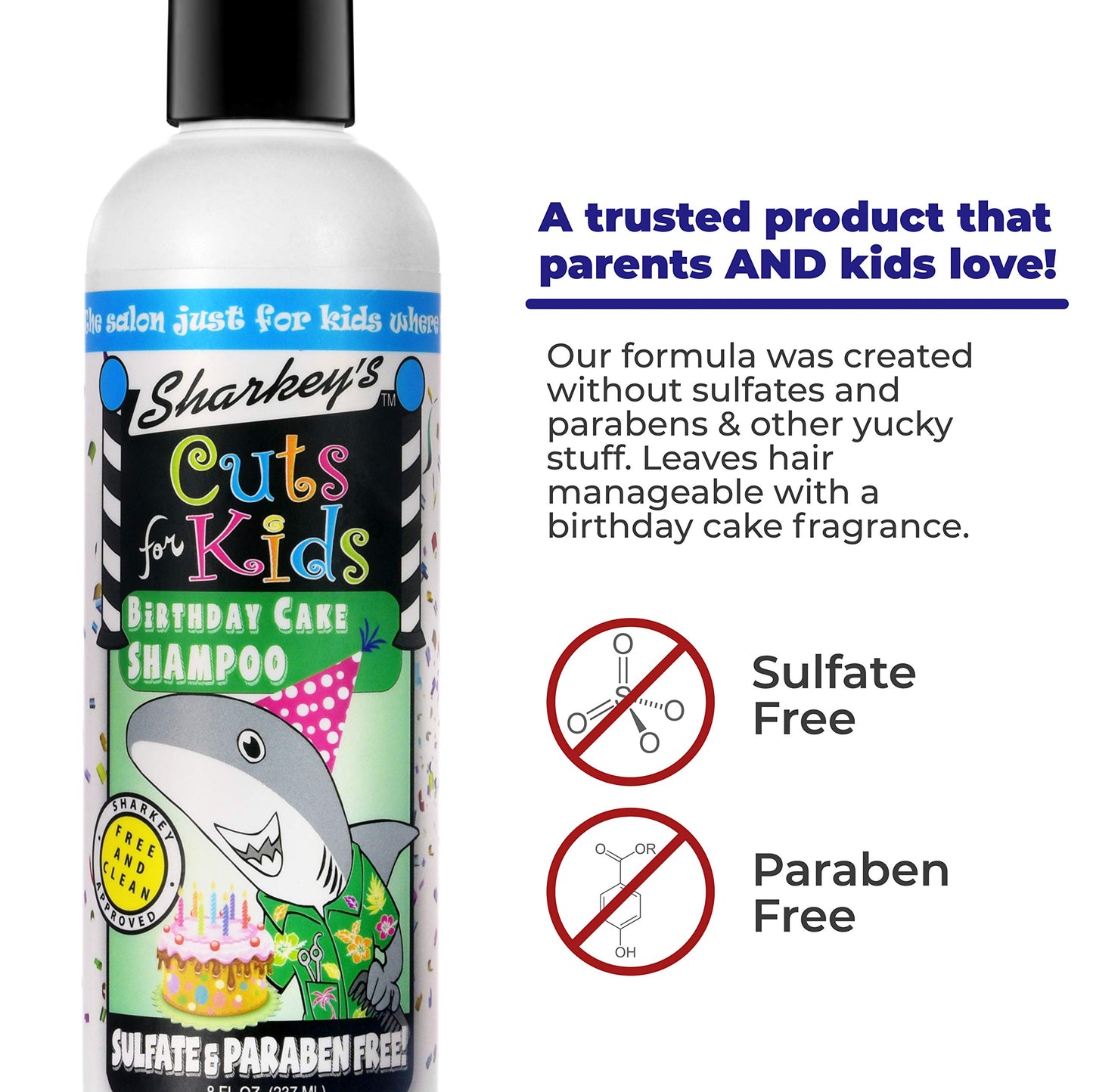 Sharkey's Birthday Cake Scented Kids Shampoo and Conditioner with Baby Shark Plush Backpack Clip or Lunchbox Clip - Sulfate Free and Paraben Free!