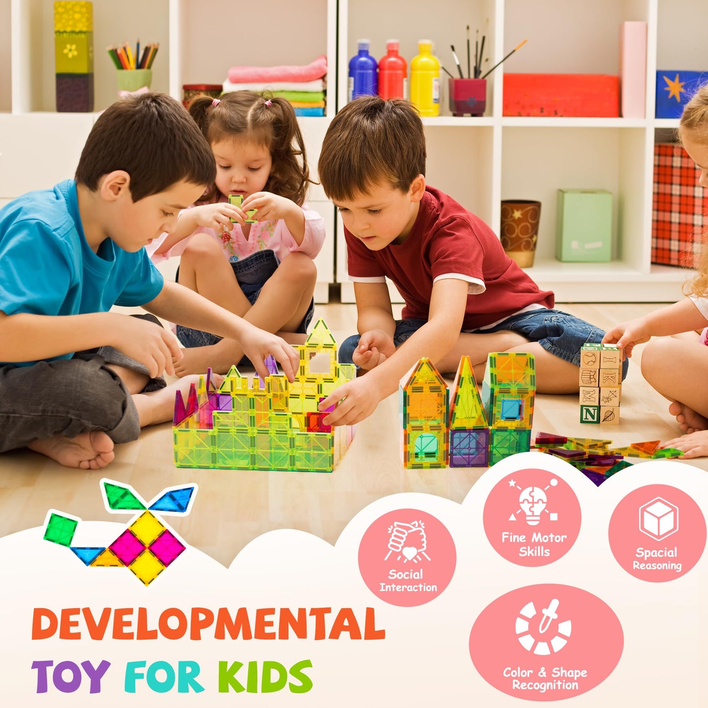 Cossy 120pcs Magnetic Tiles – 3D Building Blocks Construction Set with Strong Magnets, Educational STEM Toys for Kids Ages 3+