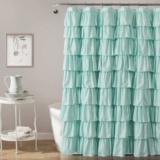 Lush Decor Ruffle Shower Curtain | Floral Textured Vintage Chic Farmhouse Style Design, Light Turquoise, 72" x 72"